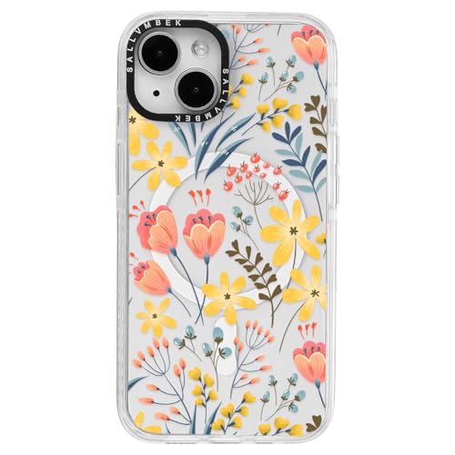sallvmbek Schutzhülle für iPhone 15, 15,5 cm (6,1 Zoll), kompatibel mit MagSafe, niedliches Blumenmuster, magnetisch, stoßfest, transparent, TPU-Stoßfänger, Handyhüllen für iPhone 15, Frauen und von sallvmbek