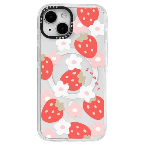 sallvmbek Schutzhülle für iPhone 15, 15,5 cm (6,1 Zoll), kompatibel mit MagSafe, niedliches Erdbeer-Druckmuster, magnetisch, stoßfest, transparent, TPU-Stoßdämpfer, Handyhüllen für iPhone 15, Damen von sallvmbek