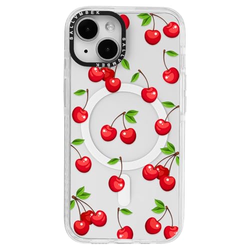 sallvmbek Schutzhülle für iPhone 15, 15,5 cm (6,1 Zoll), kompatibel mit MagSafe, niedliches Kirsch-Druckmuster, magnetisch, stoßfest, transparent, TPU-Stoßdämpfer, Handyhüllen für iPhone 15, Damen von sallvmbek