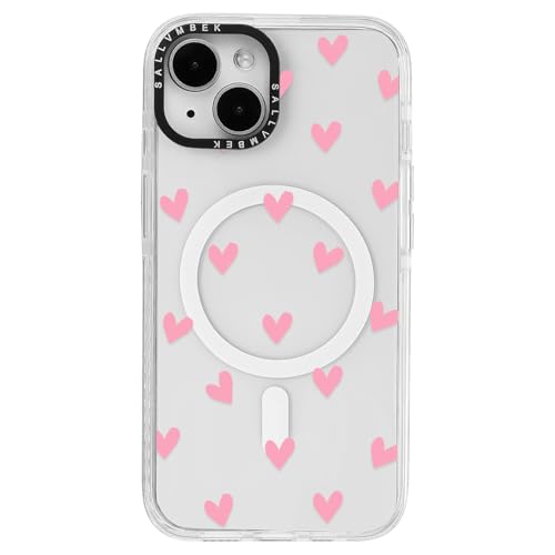 sallvmbek Schutzhülle für iPhone 15, 15,5 cm (6,1 Zoll), kompatibel mit MagSafe, niedliches Liebesherz-Druckmuster, magnetisch, stoßfest, transparent, TPU-Stoßdämpfer, Handyhüllen für iPhone 15, Damen von sallvmbek