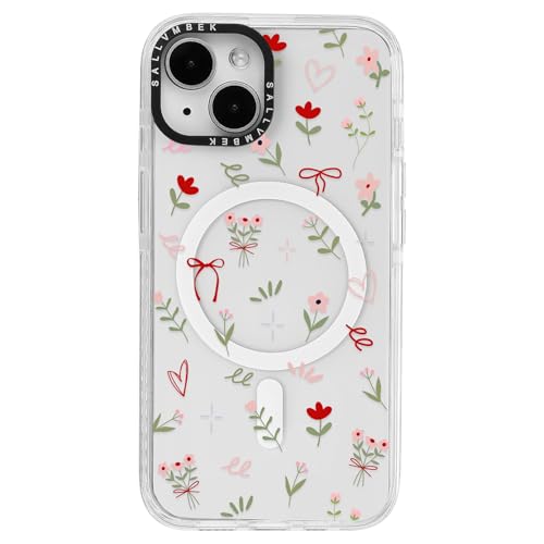 sallvmbek Schutzhülle für iPhone 15, 15,5 cm (6,1 Zoll), kompatibel mit MagSafe, niedliches Schleifen- und Blumendruckmuster, magnetisch, stoßfest, transparent, TPU-Stoßdämpfer, Handyhüllen für iPhone von sallvmbek