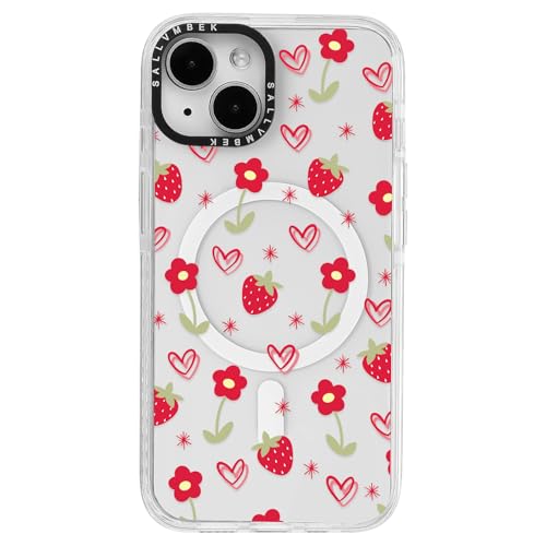 sallvmbek Schutzhülle für iPhone 15, 15,5 cm (6,1 Zoll), kompatibel mit MagSafe, niedliches Schleifen- und Erdbeer-Druckmuster, magnetisch, stoßfest, transparent, TPU-Stoßdämpfer, Handyhüllen für von sallvmbek