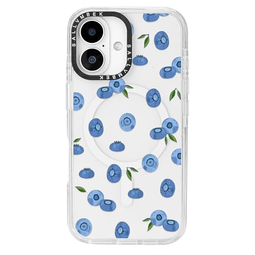 sallvmbek Schutzhülle für iPhone 16, 15,5 cm (6,1 Zoll), kompatibel mit MagSafe, niedliches Blaubeer-Druckmuster, magnetisch, stoßfest, TPU-Stoßdämpfer, Handyhüllen für iPhone 16, Damen, Mädchen von sallvmbek
