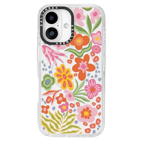 sallvmbek Schutzhülle für iPhone 16, 15,5 cm (6,1 Zoll), kompatibel mit MagSafe, niedliches Blumendruck-Muster, magnetisch, stoßfest, TPU-Stoßdämpfer, Handyhüllen für iPhone 16, Frauen und Mädchen von sallvmbek