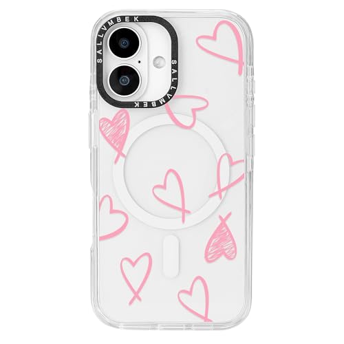 sallvmbek Schutzhülle für iPhone 16, 15,5 cm (6,1 Zoll), kompatibel mit MagSafe, niedliches Liebesherz-Druckmuster, magnetisch, stoßfest, TPU-Stoßdämpfer, Handyhüllen für iPhone 16, Damen, Mädchen von sallvmbek
