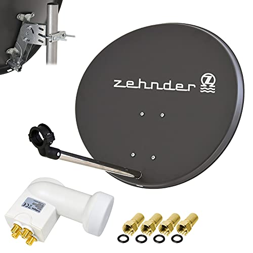 Zehnder 60cm Spiegel Schüssel Stahl + LogiSat Quad LNB | 4 Teilnehmer HD Digital SAT Anlage Set anthrazit | DVB-S/S2 Full HDTV 3D 4K Ultra HD UHD Empfang von satshopping