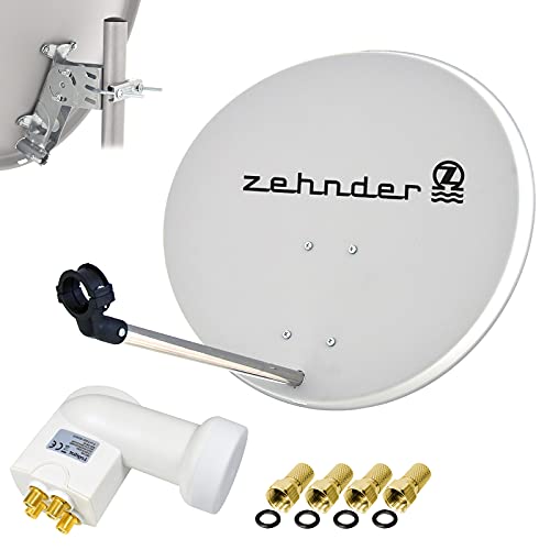 Zehnder 60cm Spiegel Schüssel Stahl + LogiSat Quad LNB | 4 Teilnehmer HD Digital SAT Anlage Set hellgrau | DVB-S/S2 Full HDTV 3D 4K Ultra HD UHD Empfang von RED OPTICUM