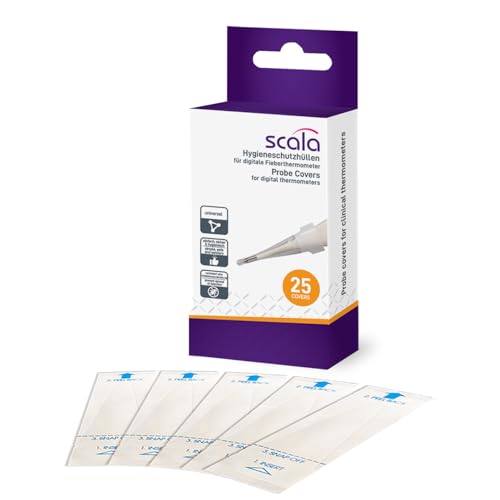 scala 25 Stück Hygieneschutzhüllen für digitale Thermometer ohne Gleitmittel (Einweghygiene) Messspitzenabdeckung für Thermometer zur oral-, rektal-, Achsel-Messung von scala