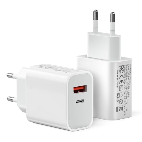 [2 Stück] USB C Ladegerät, 20W 2-Port USB Netzteil Kompatibel mit 11/12/13/SE/14/15/16 Pro Max, USB A+C PD3.0 Schnellladegerät, Ladestecker USB C Power Adapter USB Stecker(Ohne Ladekabel) von sccvee