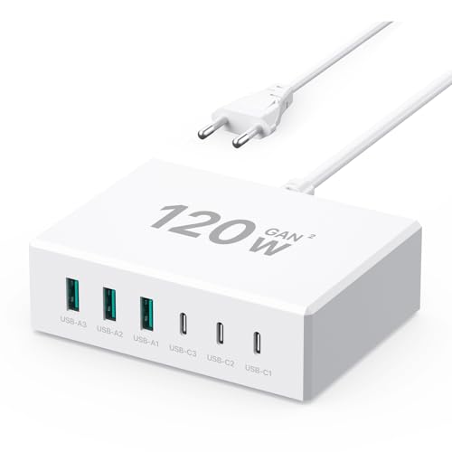 USB C Ladegerät 120W GaN，USB Ladegerät Mehrfach 【3USB-C + 3USB-A】 PD Ladegerät, 6 Port USB C Ladestation Kompatibel mit iPhone/Samsung/Google/Tablet/Mobil Power und Anderen USB Geräten (Weiß) von sccvee