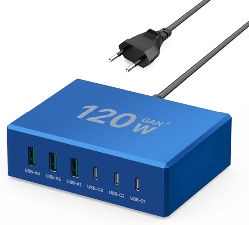 USB C Ladegerät 120W GaN，Mehrfach USB Ladegerät【3USB-C + 3USB-A】 PD Ladegerät, 6 Port USB C Ladestation Kompatibel mit iPhone/Samsung/Google/Tablet/Mobil Power und Anderen USB Geräten (blau) von sccvee