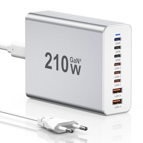 USB C Ladegerät 210W GaN, Mehrfach USBC Ladegerät【6USB-C+2USB-A】Schnellladegerät PD 3.0 USB C Charger Power Netzteil Kompatibel mit iPhone 12/13/14/15 Serie/MacBook Pro/Air/Samsung Galaxy S23/S22/S21 von sccvee