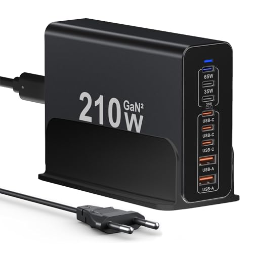 USB C Ladegerät 210W GaN, Mehrfach USBC Ladegerät【6USB-C+2USB-A】 Schnellladegerät PD 3.0 USB C Charger Power Netzteil Kompatibel mit iPhone 12/13/14/15 Serie/MacBook Pro/Galaxy S23/S22/S21(Schwarz) von sccvee