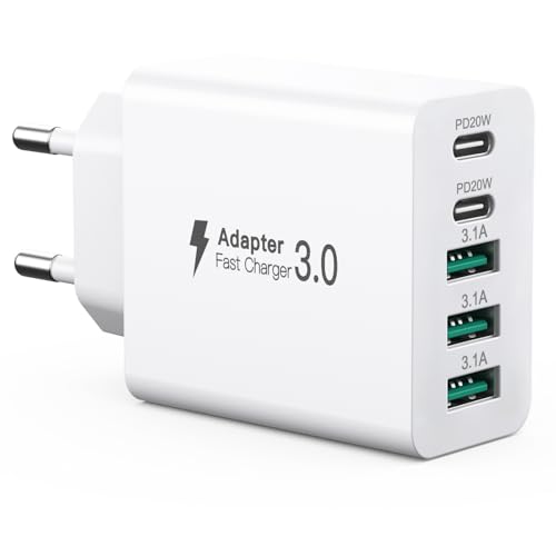USB C Ladegerät 50W, 5 Ports Mehrfach Stecker mit【2 USB-C und 3 USB-A】, 50W USB-A Netzteil Wand-Ladegerät, Fast Charge PD 3.0 Power Adapter Kompatibel mit iPhone 12/13/14/15/16/Samsung/Handys/Tablets von sccvee