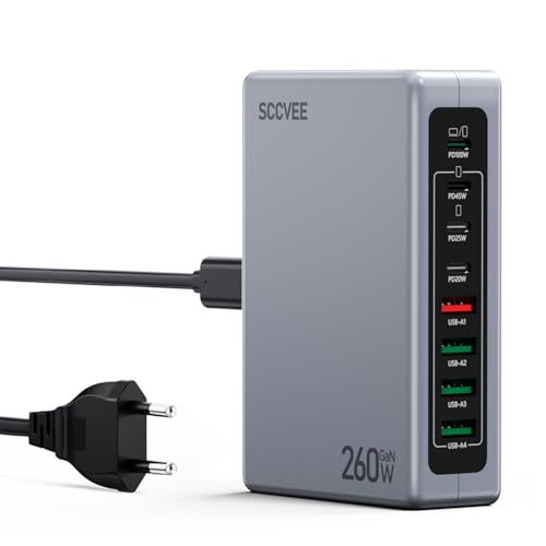 USB C Ladegerät Mehrfach 260W 8-in-1 USB C Netzteil Schnellladegerät 【4USB C+4USB A】, USB Ladestation Kompatibel mit MacBook Pro/Air/iPad/iPhone/Galaxy/Dell XPS/HP von sccvee