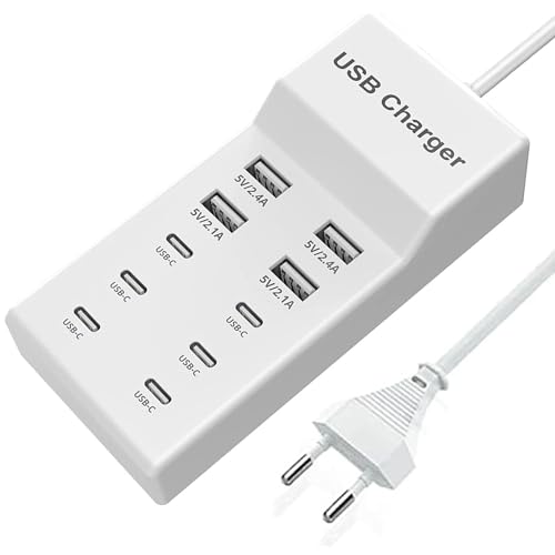 USB-C Ladestation, 10 Ports USB-Ladestation mit 6 Ports USB-C-Ladegerät, Desktop 50W Multi Port USB-Ladegerät Kompatibel mit iPhone 12/13/14/15/Samsung S22/S23/S24/Phones Tablet Watch Kopfhörer von sccvee