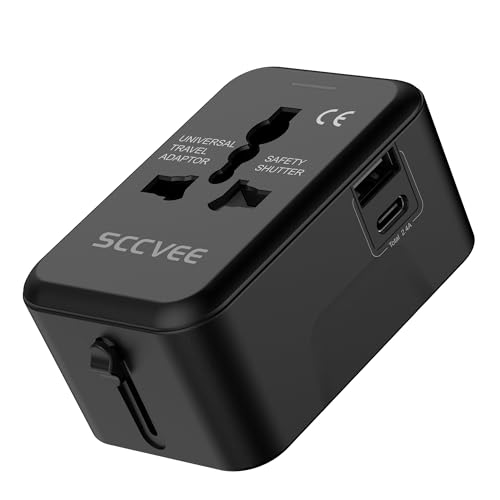 Reiseadapter Weltweit Universal Reisestecker mit USB C, Internationaler Steckdosenadapter mit 1 USB A Universal AC Steckdose Travel Adapter für USA EU UK AUS von sccvee