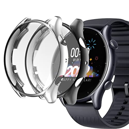 sciuU Hülle Kompatibel mit Amazfit GTR3 / GTR3 Pro, [2 Stück] Rundum Schutzhülle mit Displayschutzfolie, Flexible TPU-Gehäuse Case Schale Kompletter Schutz Cover für GTR3 / GTR3 Pro, Schwarz+Silber von sciuU