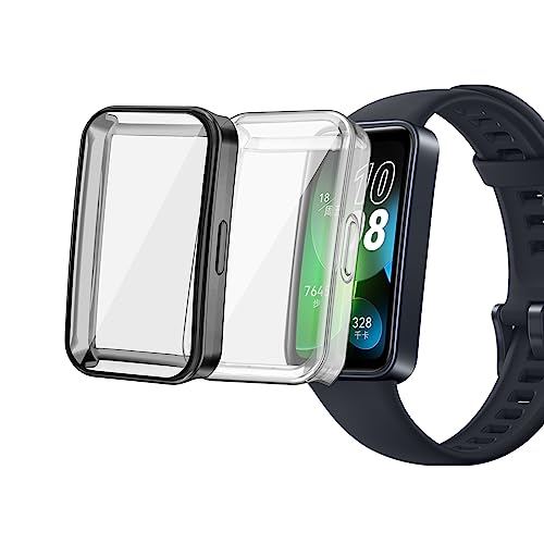 sciuU Hülle Kompatibel mit Huawei Band 8 Smart Watch, [2 Stück] Rundum Schutzhülle mit Displayschutzfolie, Flexible TPU-Gehäuse Case Schale Kompletter Schutz Cover für Huawei Band8, Schwarz + Klar von sciuU