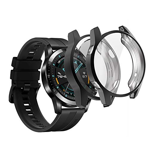 sciuU Hülle Kompatibel mit Huawei GT 2 (46mm, Erschienen im 2019), [2 Stück] Rundum Schutzhülle mit Displayschutzfolie, TPU-Gehäuse Case Schale Kompletter Schutz Cover für Huawei GT 2, Schwarz * 2 von sciuU