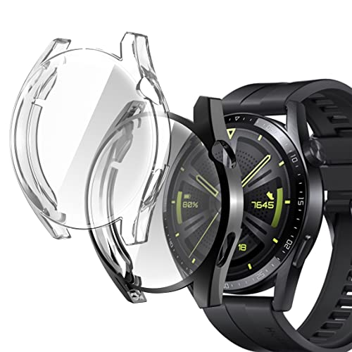 sciuU Hülle Kompatibel mit Huawei GT 3 46mm Smartwatch, [2 Stück] Rundum Schutzhülle mit Displayschutzfolie, Flexible TPU-Gehäuse Case Schale Kompletter Schutz Cover für GT3, Schwarz + Klar von sciuU