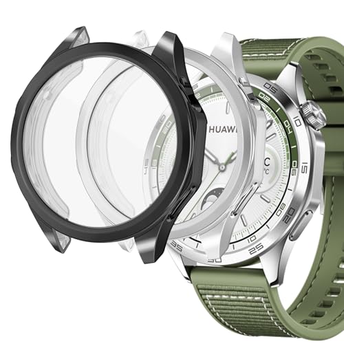 sciuU Hülle Kompatibel mit Huawei GT 4 46mm Smartwatch, [2 Stück] Rundum Schutzhülle mit Displayschutzfolie, Flexible TPU-Gehäuse Case Schale Kompletter Schutz Cover für GT4, Schwarz + Silber von sciuU