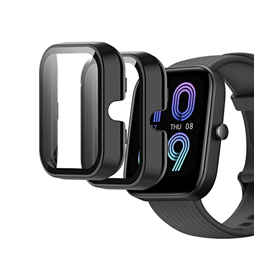 sciuU Hülle mit Display Schutzglas Kompatibel mit Amazfit Bip 3 / Bip 3 Pro, Schutzhülle Case eingebaut Schutzfolie Glasfolie Screen Protector, passt für Smartwatch Bip3 / Bip 3Pro, Schwarz + Schwarz von sciuU