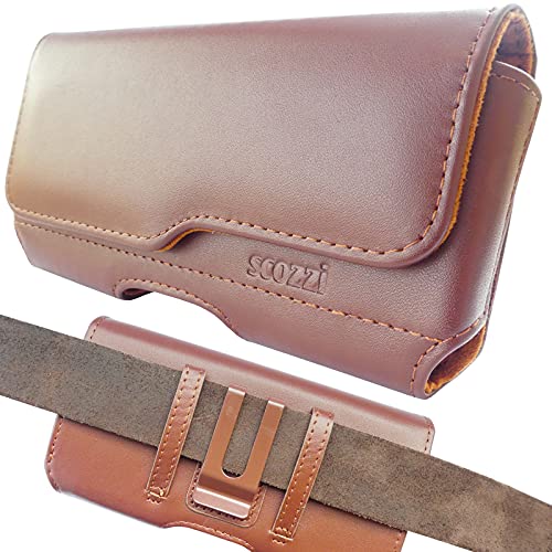 scozzi Handy Gürteltasche Echt Leder Quer Gürtel Tasche Handytasche Clip Halterung Universal z.B. kompatibel mit Samsung S24 S23 S22 S21 A55 A54 für iPhone 15 14 13 12 11 FE Plus Ultra Mini Lite Pro von scozzi