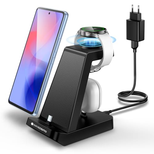 seacosmo 3 in 1 Ladestation, 18W Samsung Ladegerät handyhalterung für Galaxy Buds und Samsung A55/A54/A53/A35/A34/A25/A15/A14, Wireless Charger Stand für Galaxy Watch 6/5/4/3/2/1/Pro/Classic/Active von seacosmo