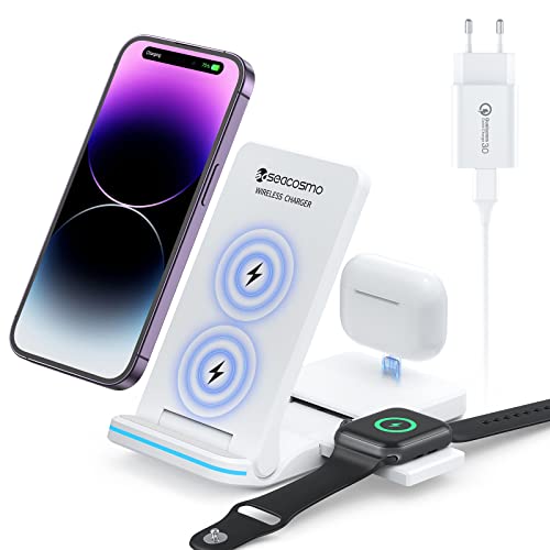 seacosmo Faltbare Wireless Charger, 3 in 1 Induktive Ladestation mit 15W Adapter für iWatch S 9/8/7/6/5/4/3/2 und AirPods 3/2/1, Qi Schnelles Kabelloses Ladegerät fit iPhone 15/14/13/12/11/XR/X/8 von seacosmo