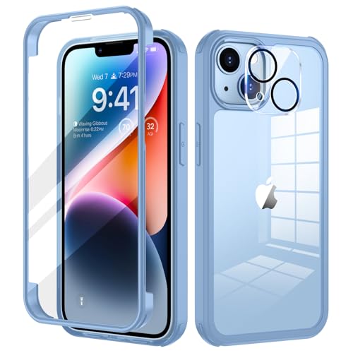 seacosmo Kompatibel für iPhone 14 Hülle mit eingebautem Panzerglas Displayschutz und Kamera Schutzfolie [9H HD], 360 Grad Handyhülle Ganzkörper Stoßfeste iPhone 14 Case - Blau von seacosmo