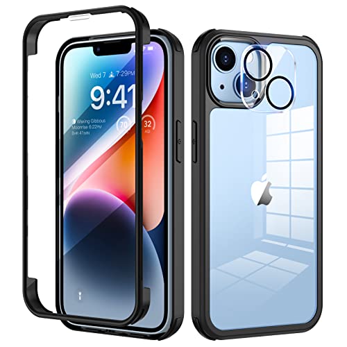 seacosmo Kompatibel für iPhone 14 Hülle mit eingebautem Panzerglas Displayschutz und Kamera Schutzfolie [9H HD], 360 Grad Handyhülle Ganzkörper Stoßfeste iPhone 14 Case - Schwarz von seacosmo