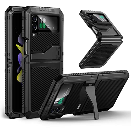 seacosmo Samsung Galaxy Z Flip 4 Hülle mit Ständer, Robust Metall Silikon Handyhülle Z Flip 4 Aluminium Stoßfest Outdoor Case für Samsung Z Flip 4, Schwarz von seacosmo