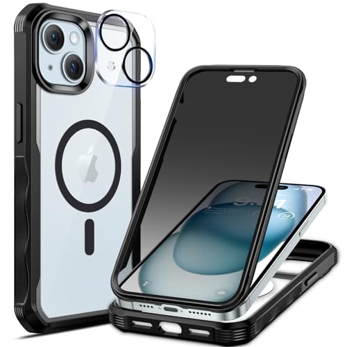 seacosmo Sichtschutz Hülle für iPhone 15 [Kompatibel mit Magsafe], Anti-Spy Handyhülle 360 Grad Schutzhülle, Stoßfestes Case mit Eingebautem Privacy Panzerglas und Kamera Schutzfolie [9H HD]-Schwarz von seacosmo
