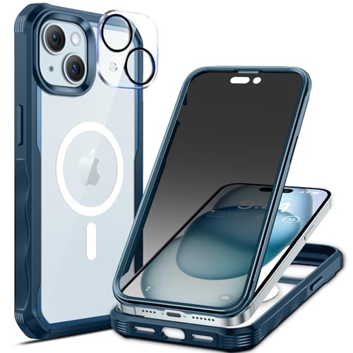 seacosmo Sichtschutz Hülle für iPhone 15 [Kompatibel mit Magsafe], Anti-Spy Handyhülle 360 Grad Schutzhülle, Stoßfestes Case mit Eingebautem Privacy Panzerglas und Kamera Schutzfolie [9H HD] - Blau von seacosmo