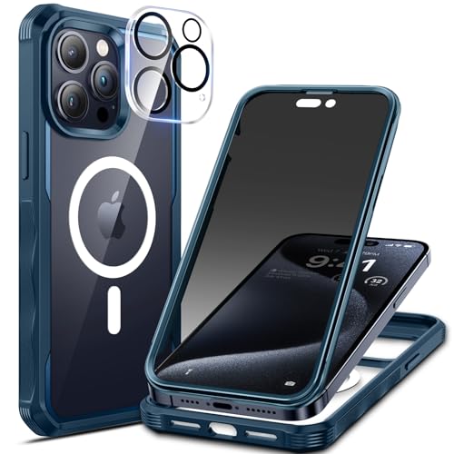 seacosmo Sichtschutz Hülle für iPhone 15 Pro[Kompatibel mit Magsafe], Anti-Spy Handyhülle 360 Grad Schutzhülle, Stoßfestes Case mit Privacy Panzerglas und Kamera Schutzfolie [9H HD]-Blau von seacosmo
