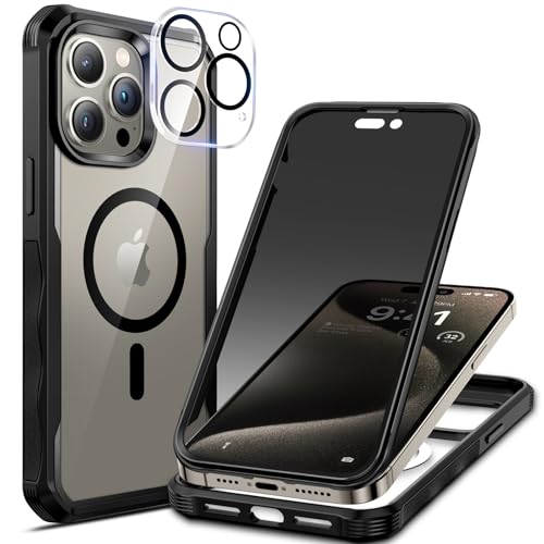 seacosmo Sichtschutz Hülle für iPhone 15 Pro [Kompatibel mit Magsafe], Anti-Spy Handyhülle 360 Grad Schutzhülle, Stoßfestes Case mit Privacy Panzerglas und Kamera Schutzfolie [9H HD]-Schwarz von seacosmo
