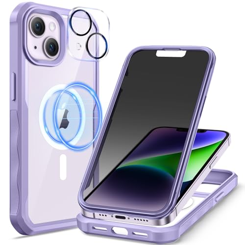 seacosmo Sichtschutz für iPhone 14 Hülle [Kompatibel mit MagSafe], Anti-Spy Handyhülle 360 Grad Schutzhülle, Stoßfestes Case mit Eingebautem Privacy Panzerglas und Kamera Schutzfolie [9H HD]- Lila von seacosmo
