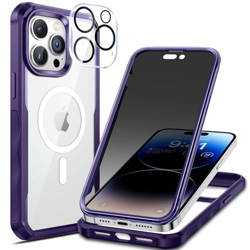 seacosmo Sichtschutz für iPhone 14 Pro Hülle [Kompatibel mit MagSafe], Anti-Spy Handyhülle 360 Grad Schutzhülle, Stoßfestes Case mit Eingebautem Privacy Panzerglas und Kamera Schutzfolie [9H HD] -Lila von seacosmo