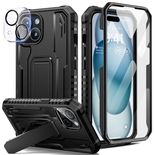 seacosmo für iPhone 15 Hülle Mit Ständer, 360 Grad Stoßfeste Militär Case Eingebautem Panzerglas Displayschutz und Kamera Schutzfolie [9H HD], Outdoor Handyhülle für iPhone 15 - Schwarz von seacosmo