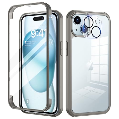 seacosmo für iPhone 15 Hülle mit eingebautem Panzerglas Displayschutz und Kamera Schutzfolie [9H HD], 360 Grad Handyhülle Ganzkörper Stoßfeste iPhone 15 Case - Grau von seacosmo