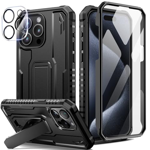 seacosmo für iPhone 15 Pro Hülle Mit Ständer, 360 Grad Stoßfeste Militär Case Eingebautem Panzerglas Displayschutz und Kamera Schutzfolie [9H HD], Outdoor Handyhülle für iPhone 15 Pro - Schwarz von seacosmo