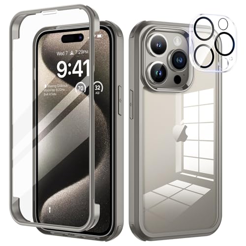 seacosmo für iPhone 15 Pro Hülle mit eingebautem Panzerglas Displayschutz und Kamera Schutzfolie [9H HD], 360 Grad Handyhülle Ganzkörper Stoßfeste iPhone 15 Pro Case - Grau von seacosmo