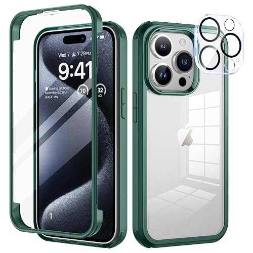 seacosmo für iPhone 15 Pro Hülle mit eingebautem Panzerglas Displayschutz und Kamera Schutzfolie [9H HD], 360 Grad Handyhülle Ganzkörper Stoßfeste iPhone 15 Pro Case - Grün von seacosmo
