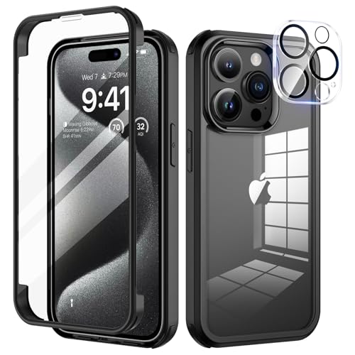 seacosmo für iPhone 15 Pro Max Hülle mit eingebautem Panzerglas Displayschutz und Kamera Schutzfolie [9H HD], 360 Grad Handyhülle Ganzkörper Stoßfeste iPhone 15 Pro Max Case - Schwarz von seacosmo