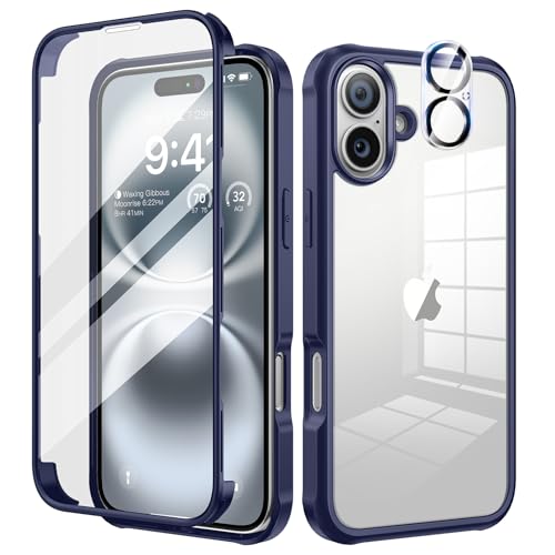 seacosmo für iPhone 16 Hülle mit eingebautem Panzerglas Displayschutz und Kamera Schutzfolie [9H HD], 360 Grad Handyhülle Ganzkörper Stoßfeste iPhone 16 schutzhülle - Blau von seacosmo