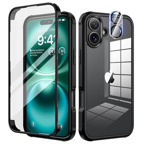 seacosmo für iPhone 16 Plus Hülle mit eingebautem Panzerglas Displayschutz und Kamera Schutzfolie [9H HD], 360 Grad Handyhülle Ganzkörper Stoßfeste iPhone 16 Plus Case - Schwarz von seacosmo