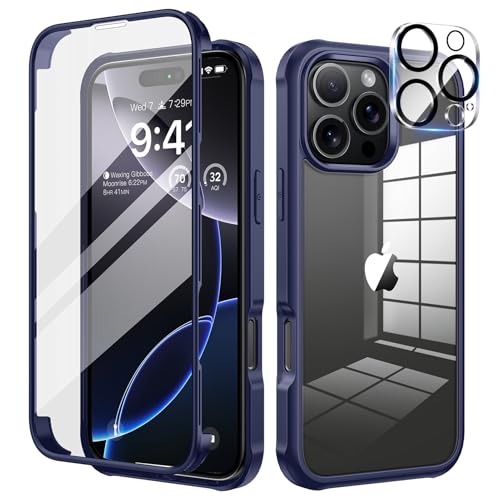 seacosmo für iPhone 16 Pro Hülle mit eingebautem Panzerglas Displayschutz und Kamera Schutzfolie [9H HD], 360 Grad Handyhülle Ganzkörper Stoßfeste iPhone 16 Pro Case - Blau von seacosmo