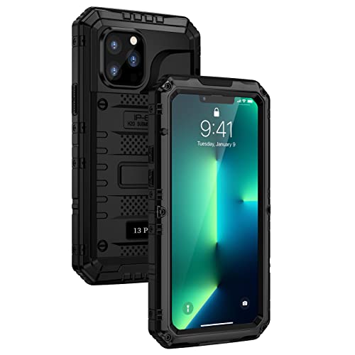 seacosmo iPhone 13 Pro Wasserdicht Hülle, Militärstandard Schutzhülle mit Eingebautem Displayschutz Stoßfest Metall Handyhülle für iPhone 13 Pro, Schwarz von seacosmo