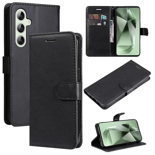 Samsung S24 FE Hülle mit Magnetschutz, PU Leder Wallet Sam S24 FE Hülle [2 Kartenfächer] [Ständer] [RFID-Blockierung] mit TPU-Innenschale, Rundumschutz Flip S24FE Hüllen Schwarz von seaoppn